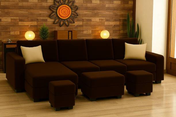 FURNY Soho 8 Seater Fabric LHS L Shape Sofa Set with 1 Ottoman & 2 Puffy Living Room Fabric 8 Seater  Sofa