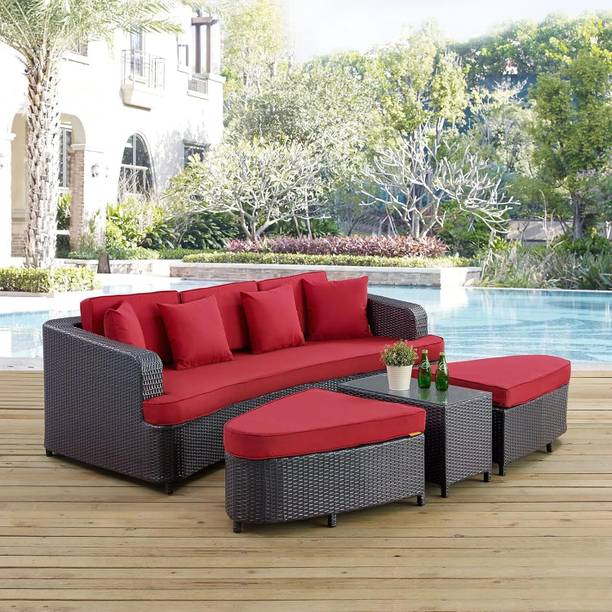 Mymigos 4-Piece Dark Brown Wicker Patio Conversation Daybed Set with Red Fabric 6 Seater Sofa