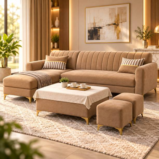 ADORN INDIA Adorn India Luster 8 Seater L Shape Sofa | LHS | Camel | 2 Puffy & Table Fabric 8 Seater Sofa