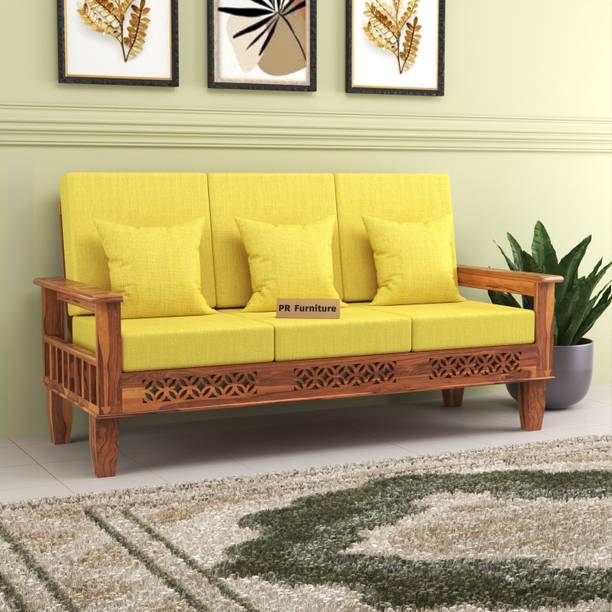 PR FURNITURE Solid Wood Three Seater Sofa With Front CNC Flower Style For Living Room, Café. Fabric 3 Seater  Sofa