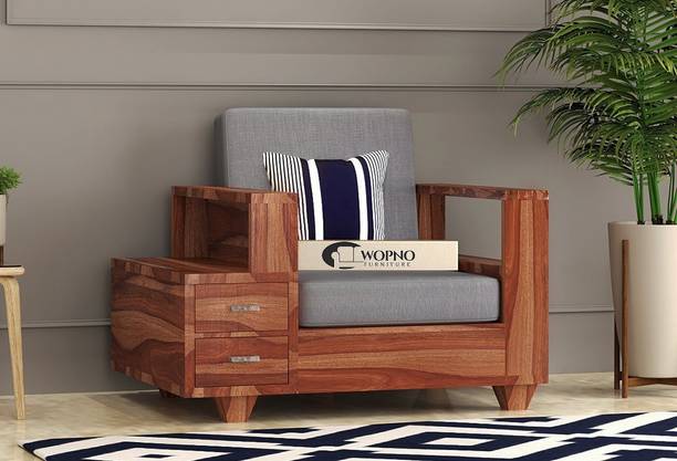 Wopno Furniture Pure Sheesham Wooden 1 Seater Sofa with Side Box Drawer for Living Room Bedroom Fabric 1 Seater  Sofa