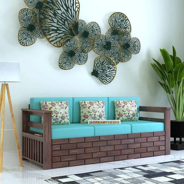 Dreamydesks 3 Seater Sofa with Side Pockets with Cushions for Living Room Solid Wood 3 Seater  Sofa