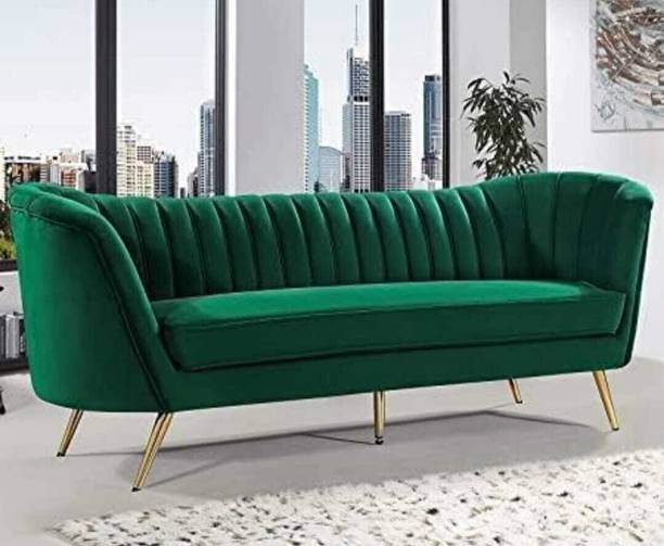 India wood mart Tufted Curved Performance Velvet Sofa Fabric 3 Seater  Sofa