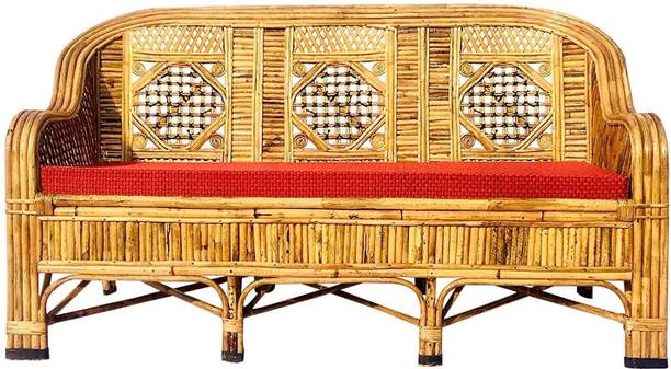 CRAFTCANE Bamboo Cane Sofa Cum Couch with Cushion, 3 Seater, Living Room, Garden Solid Wood 3 Seater  Sofa