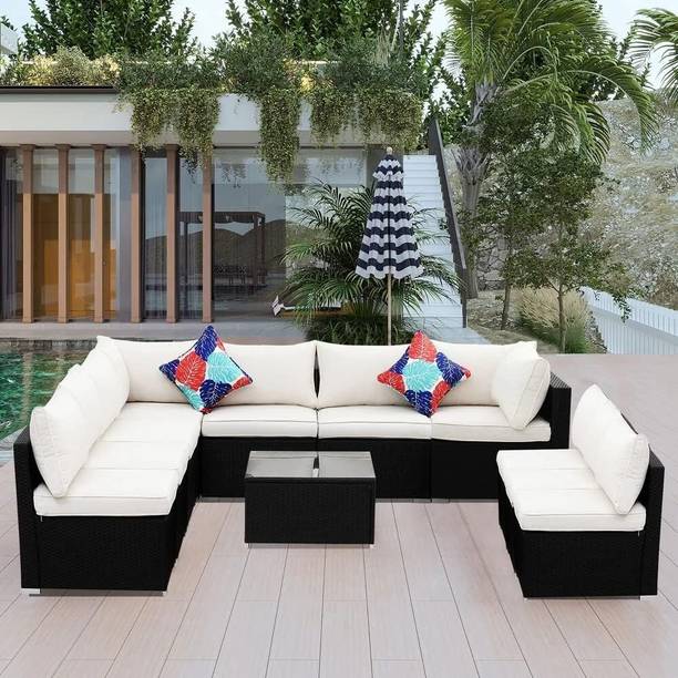 Mymigos Outdoor Wicker Conversation Sectional Furniture Sofa Set with Coffee Table Fabric 10 Seater  Sofa