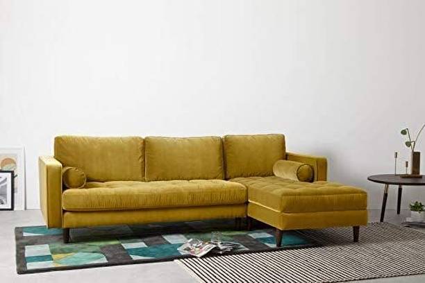 LUSTRE ENTERPRISE Angst 4 Seater Right Hand Facing Chaise L Corner Sofa in Gold Velvet Fabric 3 Seater  Sofa