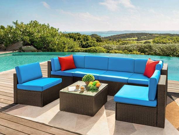 Mymigos Outdoor Cane Furniture Sofa Set Wicker Sectional Sofa All-Weather Rattan Fabric 6 Seater  Sofa