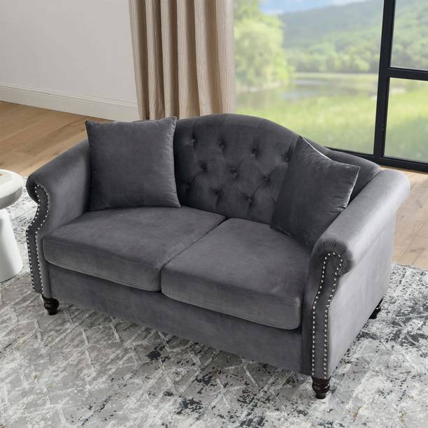 India wood mart Wooden Chesterfield Grey Sofa Couch for Living Room,Bedroom,Office,Apartment Half-leather 2 Seater  Sofa