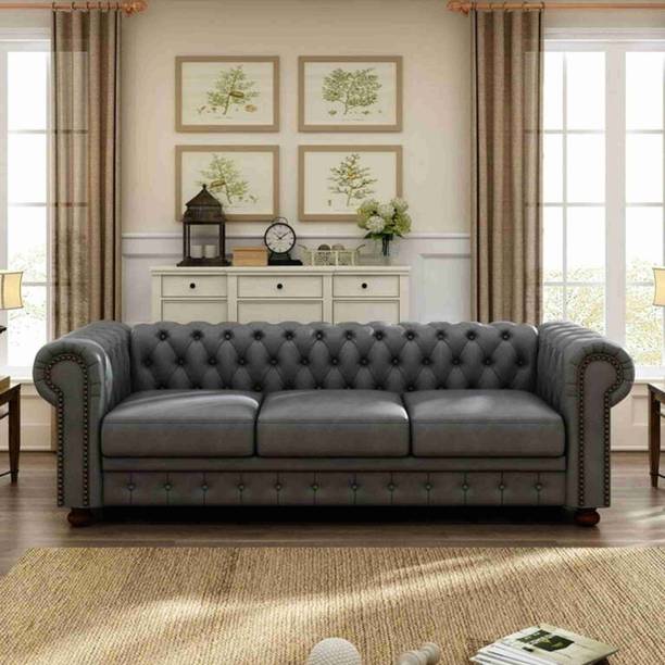 Soul Light Art Chesterfield leatherette sofa wood-framed modern tufted deep seats Grey Half-leather 3 Seater  Sofa