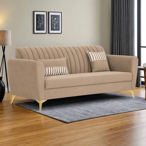 ADORN INDIA Premium Luster 3 Seater Velvet Sofa | Camel | Gold Legs | 3-Year Warranty Fabric 3 Seater  Sofa