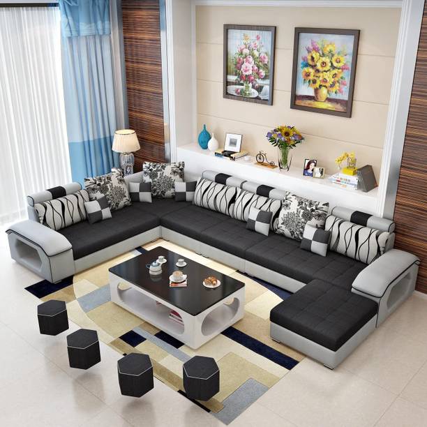 THE CEATSPOT Premium Quality U-Shaped Sectional Sofa with Ottoman for Living Room Velvet Fabric 9 Seater  Sofa