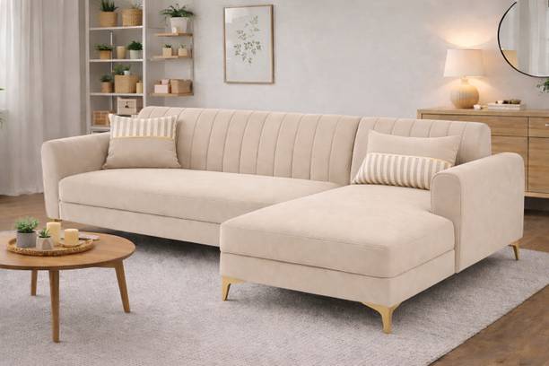 ADORN INDIA Adorn India Luster 6 Seater L Shape Sofa | RHS | Cream | Golden Legs Fabric 6 Seater Sofa
