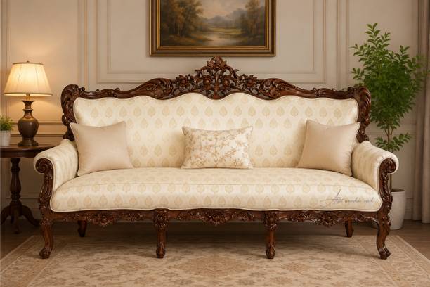 ALFA WOODEN NEST Royal Carved Wooden 3 Seater Sofa with Premium Upholstery Fabric 3 Seater Sofa