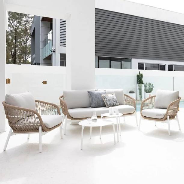 Mymigos 4 Seater Outdoor Braid & Rope Patio Sofa Set with Round Table, Woven Rattan Sofa Fabric 4 Seater  Sofa