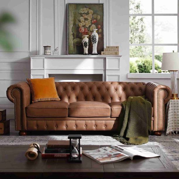 Soul Light Art Chesterfield leatherette sofa wood-framed modern tufted deep seats Brown Half-leather 3 Seater  Sofa