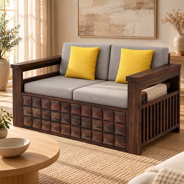 Ganpati Arts Oslo Solid Sheesham Wood Sofa/Couch With Side Pockets for Home/Office | Fabric 2 Seater  Sofa