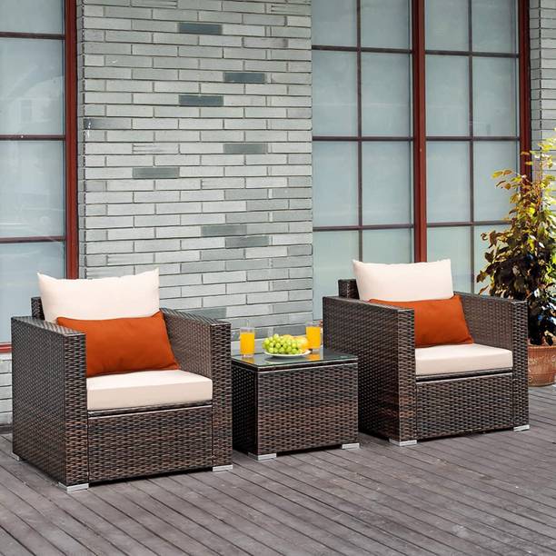 Mymigos 3 Piece Outdoor Furniture, 2 Seat Sofa Set, and 1 Table Glass Topped Table Fabric 2 Seater  Sofa