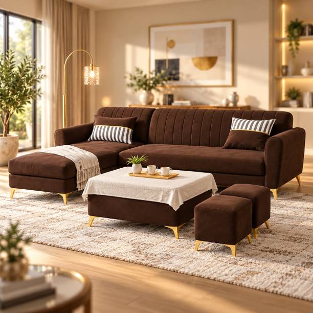 ADORN INDIA Adorn India Luster 8 Seater L Shape Sofa | LHS | Brown | 2 Puffy & Table Fabric 8 Seater Sofa