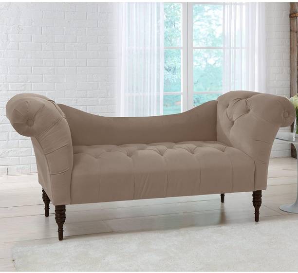 India wood mart Chesterfield Tufted Couch Chaise Lounge Soft Fabric Wooden Legs Tan Fabric 2 Seater  Sofa