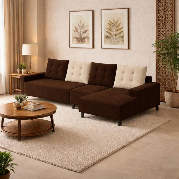 FURNY Dual Tone Plush Velvet 6-Seater RHS, L Shape Lounger Sofa Set Silken Velvet Fabric 6 Seater  Sofa