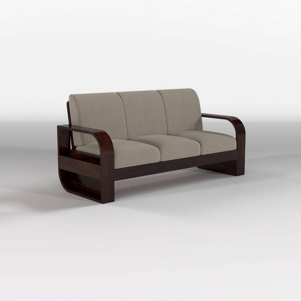 DIVESHIKA ART Sheesham Wood Three Seater Sofa With Round Leaf Style Arms & Side Pocket Storage Fabric 3 Seater  Sofa