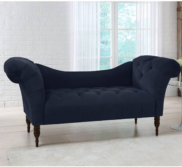 India wood mart Velvet Chesterfield Tufted Couch Chaise Lounge Soft Fabric Wooden Legs Blue Fabric 2 Seater  Sofa