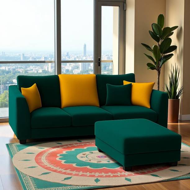 FURNY 3 Seater Modular L Shape Sofa Set with Ottoman| Soft Velvet Suede Fabric Fabric 3 Seater  Sofa