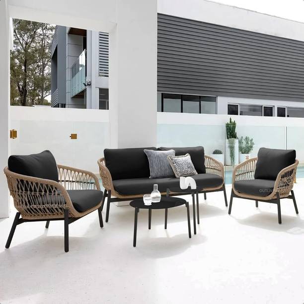 Mymigos 4 Seater Outdoor Braid & Rope Patio Sofa Set with Round Table, Woven Rattan Sofa Fabric 4 Seater  Sofa
