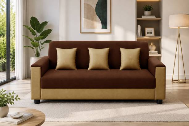 Dr Smith Living Room Sofa with 3 Cushions | Brown & Beige Fabric 3 Seater Sofa