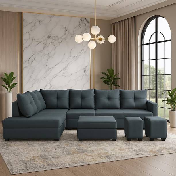 FURNY Oriana 8 Seater LHS L Shape Sofa Set| Velvet Fabric 2 Ottoman & Centre Table Fabric 8 Seater  Sofa