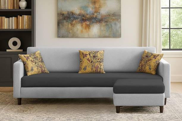 MintCasa Premium Lifestyle 4 Seater Straight Soft Cushion Wooden Frame Sofa with Ottoman Fabric 4 Seater Sofa