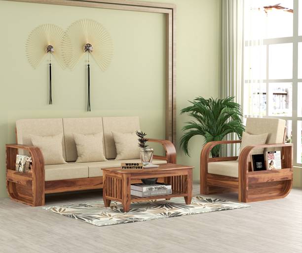 Wopno Furniture Sheesham Wooden 4 Seater Sofa Set for Living Room Home Office Solid Wood Fabric 4 Seater  Sofa