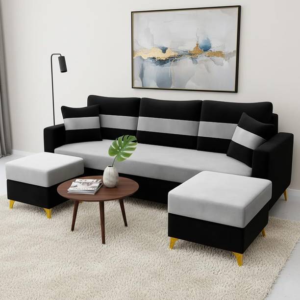 FURNY Bastian 3 Seater Modular Sofa Set with 2 Ottoman| Soft Velvet | Sofas Fabric 3 Seater  Sofa