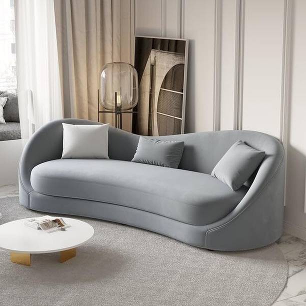 WOODENFACTOR Modern Gray Velvet Curved 3 Seater Sofa Pillows Fabric 3 Seater  Sofa