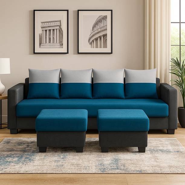FURNY Konva 4 Seater Modular Sofa Set with 2 Ottoman| Soft Velvet Fabric| Modern Sofas Fabric 4 Seater  Sofa
