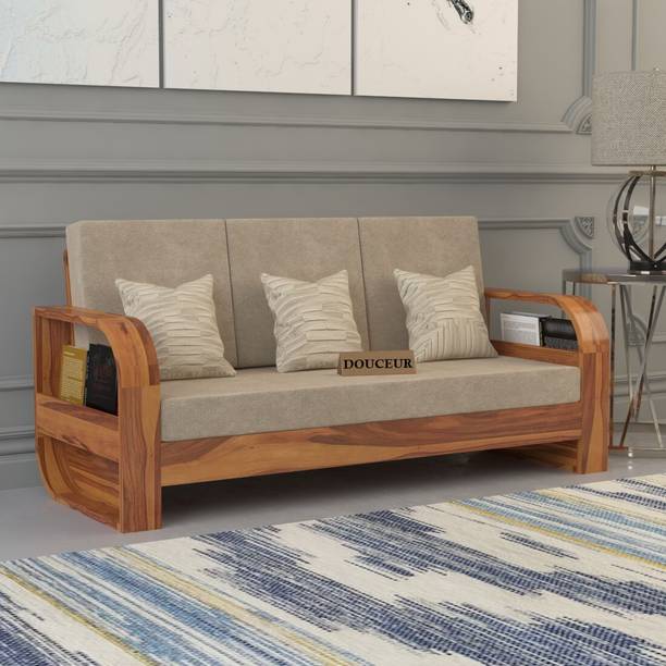 Douceur Furnitures Solid Sheesham Wood Three Seater Sofa With Flat Cushion For Living Room, Office Fabric 3 Seater  Sofa