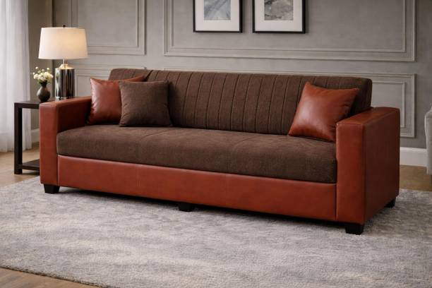 Sheijin Viva 3 Seater Sofa Set - Faux Leather and Jute Fabric Couch Leatherette 3 Seater Sofa