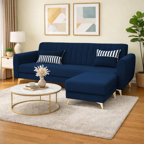 ADORN INDIA ADORN INDIA Adorn India Luster 4 Seater L Shape Sofa Velvet Suede Blue Fabric 4 Seater Sofa