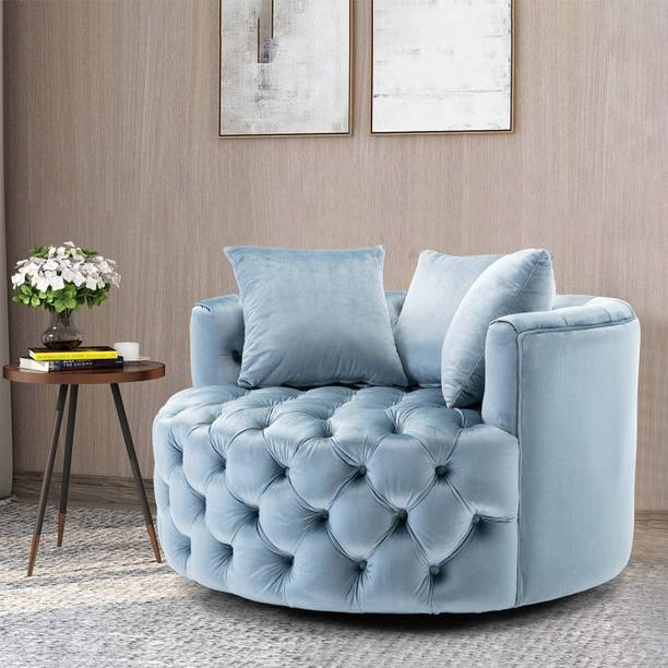Gautamfurniture Wooden Twist Barrel Button Tufted Design Modern Round Sofa Cuddle Chair Fabric 1 Seater  Sofa