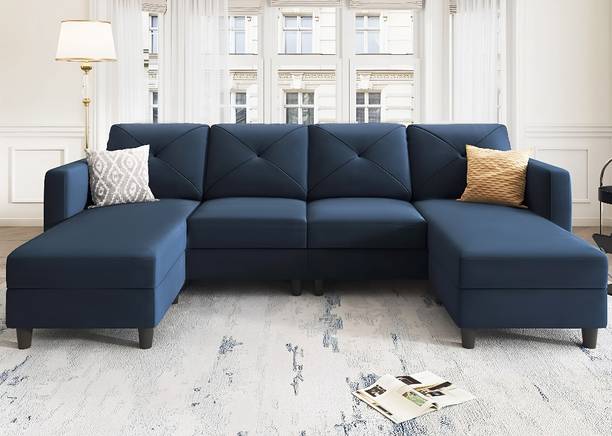 Groovecraft Arba Wooden U Shape Sectional Couch Upholstered Sofa with Chaise for Living Room Fabric 6 Seater  Sofa
