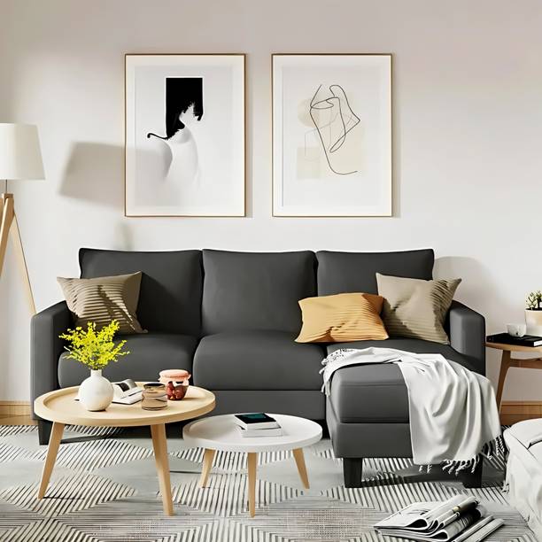 Groovecraft Alba Wooden 4 Seater Fabric L-Shaped Couch Sectional with Reversible Chaise Fabric 4 Seater  Sofa