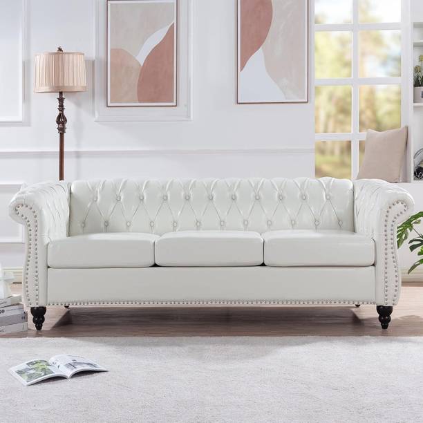 Arcreation shop 3-seater tufted back sofa for living room and office (cream white) Fabric 3 Seater  Sofa