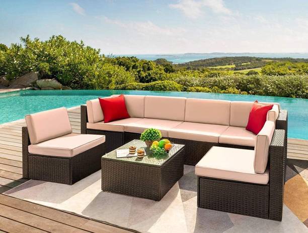 Mymigos Outdoor Cane Furniture Sofa Set Wicker Sectional Sofa All-Weather Rattan Fabric 6 Seater  Sofa