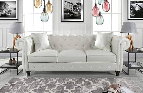 ADORNMART 3 Seater Chesterfield Sofa for Living Room & Office | Color (AZ1 White) Fabric 3 Seater  Sofa