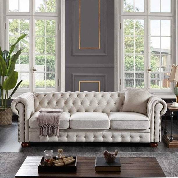 India wood mart Wooden Modern Sofa Tufted Couch with Deep Seats,Chesterfield living room Leather 3 Seater  Sofa