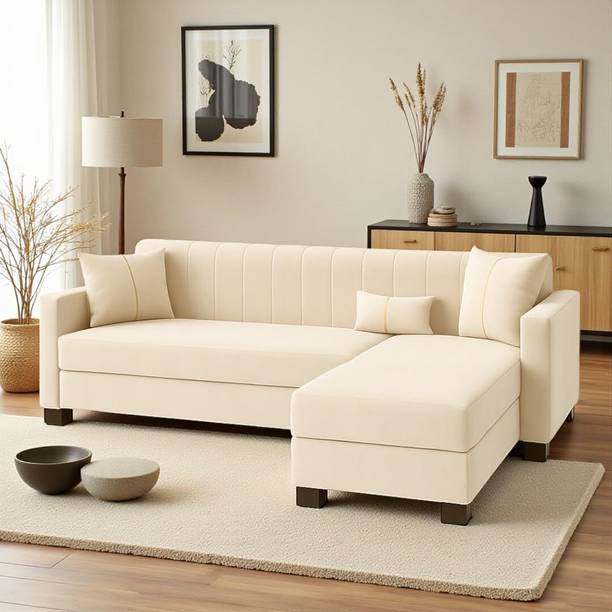 FURNY Almeria 4 Seater RHS L Shape Sofa Set| Soft Velvet Suede Fabric| Modern Design Fabric 4 Seater  Sofa