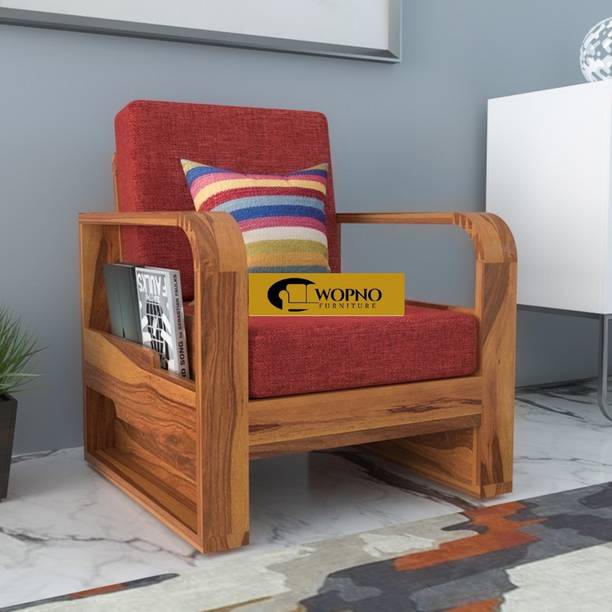 Wopno Furniture Sheesham Wooden 1 Seater Sofa set for living Room | Wooden Sofa Fabric 1 Seater  Sofa