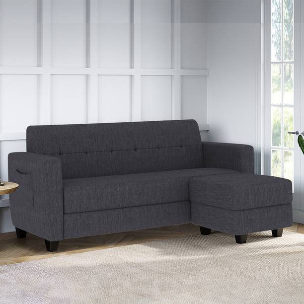 ARRA New Remo Three Seater + Ottoman Sofa in Dark Grey Color Fabric 4 Seater  Sofa