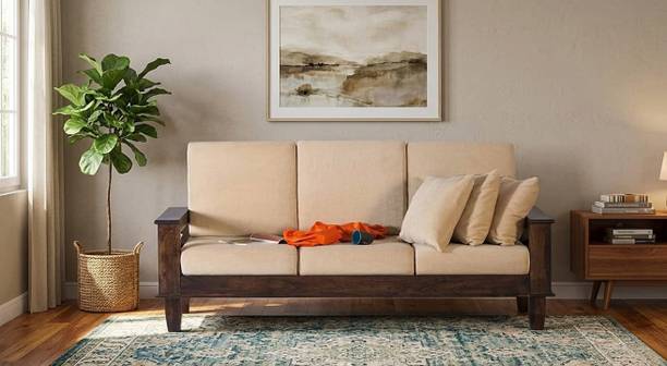 PR FURNITURE Wooden Three Seater Sofa For-Living Room/Office(Finish:-Brown Finish) Fabric 3 Seater Sofa