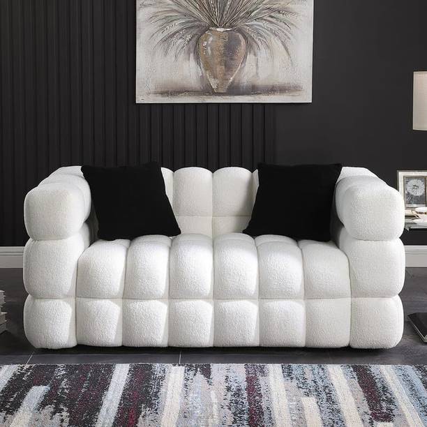 India wood mart Wooden Sofa 2 Pillows Upholstered Deep Seat Couch Living Room Bedroom,White Fabric 2 Seater  Sofa